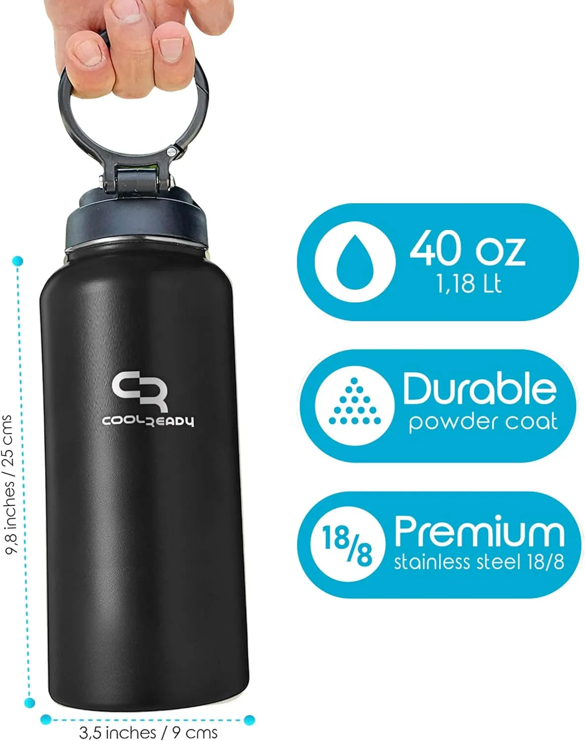 40oz Double Walled Insulated Stainless Steel Water Bottle with 3 Leak-Proof Lids - Straw, Sports, Coffee - Black Bottle - Workout & Everyday Use