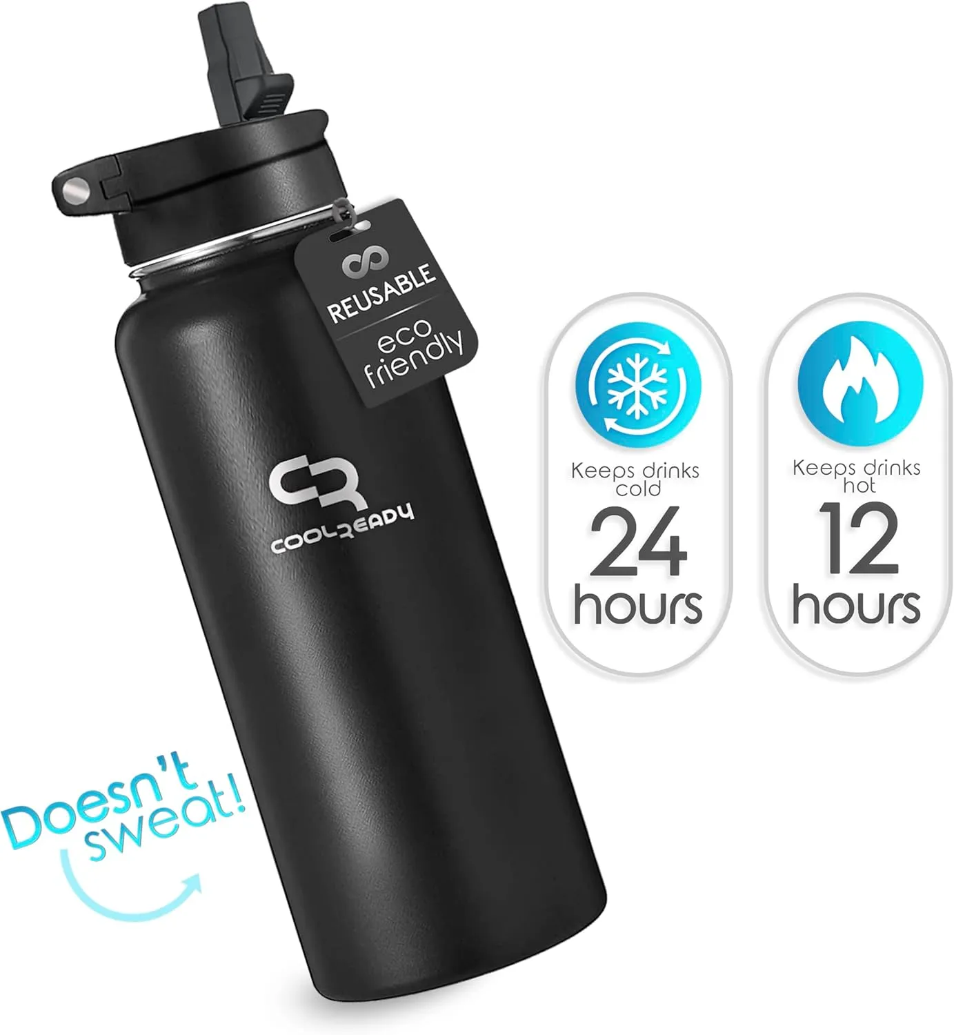 40oz Double Walled Insulated Stainless Steel Water Bottle with 3 Leak-Proof Lids - Straw, Sports, Coffee - Black Bottle - Workout & Everyday Use