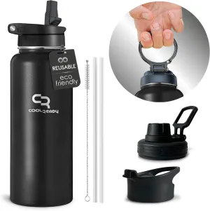 40oz Double Walled Insulated Stainless Steel Water Bottle with 3 Leak-Proof Lids - Straw, Sports, Coffee - Black Bottle - Workout & Everyday Use