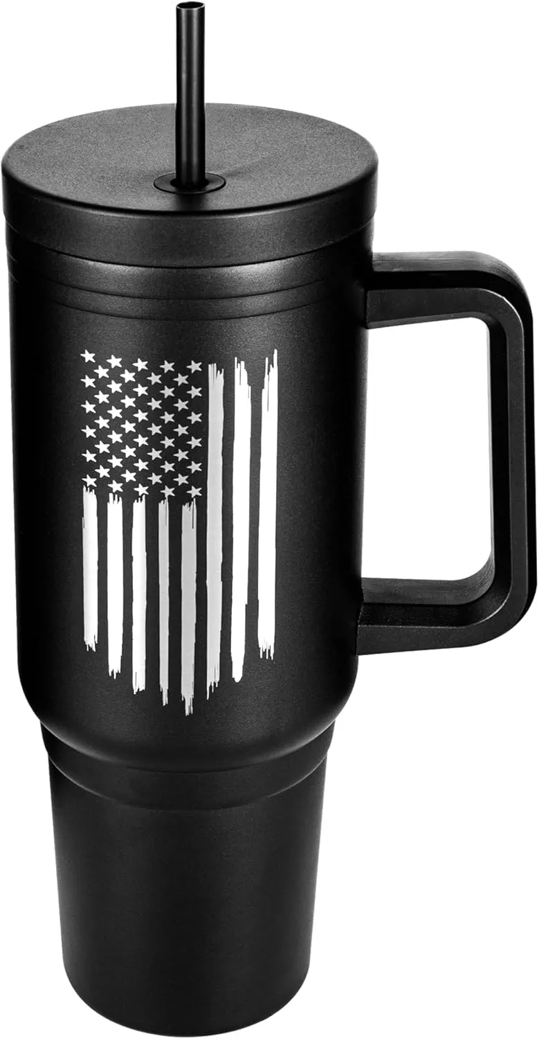40oz Insulated American Flag Tumbler with Handle, Lid & Straw - USA Gifts - Use for Water, Tea, Coffee & More-Disabled USMC Vet Owned Small Business