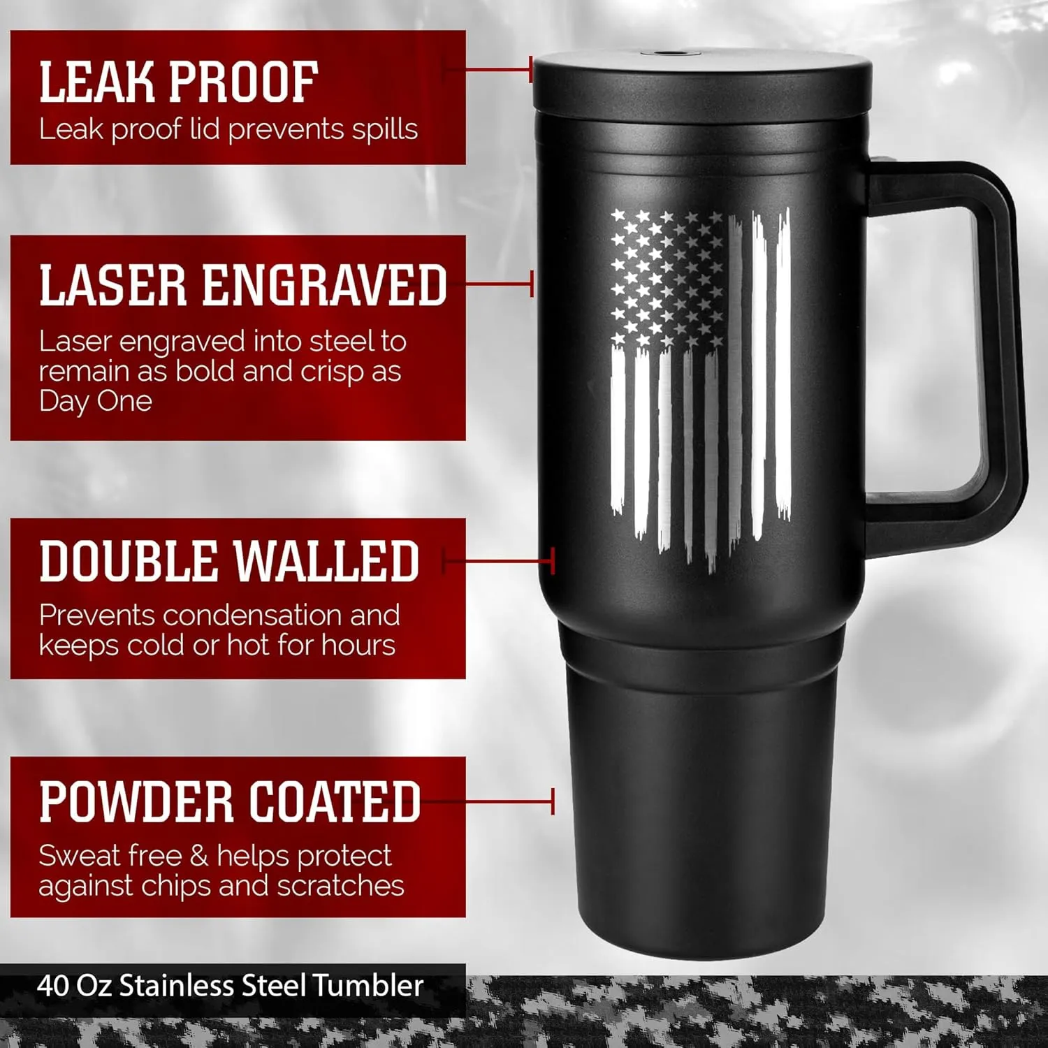 40oz Insulated American Flag Tumbler with Handle, Lid & Straw - USA Gifts - Use for Water, Tea, Coffee & More-Disabled USMC Vet Owned Small Business