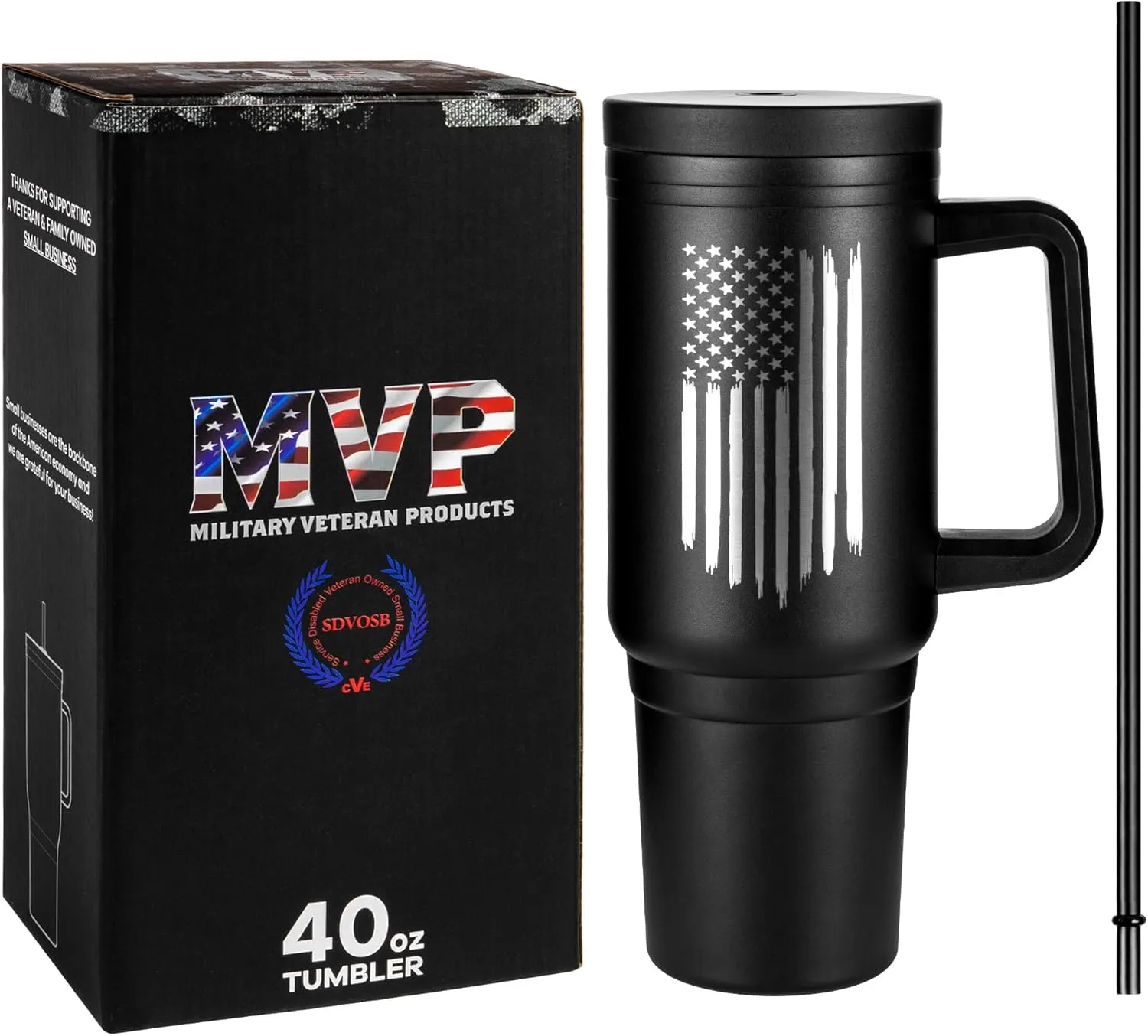 40oz Insulated American Flag Tumbler with Handle, Lid & Straw - USA Gifts - Use for Water, Tea, Coffee & More-Disabled USMC Vet Owned Small Business