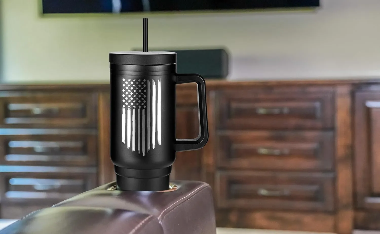 40oz Insulated American Flag Tumbler with Handle, Lid & Straw - USA Gifts - Use for Water, Tea, Coffee & More-Disabled USMC Vet Owned Small Business