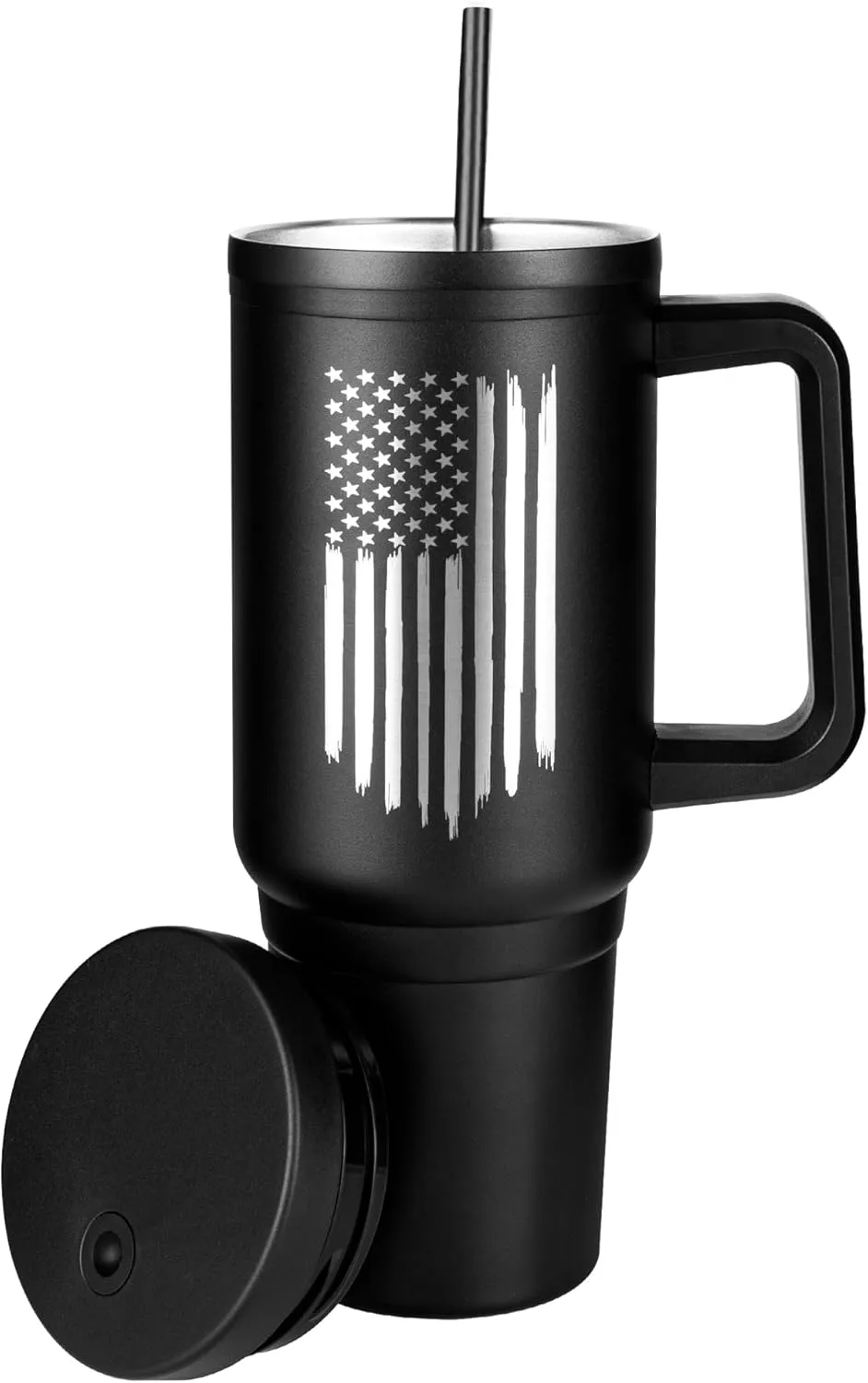 40oz Insulated American Flag Tumbler with Handle, Lid & Straw - USA Gifts - Use for Water, Tea, Coffee & More-Disabled USMC Vet Owned Small Business