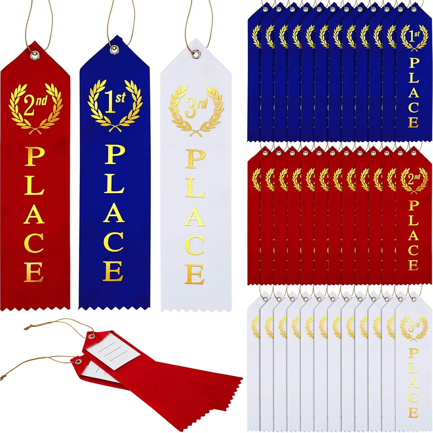 45 Pieces Award Ribbons 1st, 2nd, 3rd Place Flat Carded Set First Place Prizes with Event Card and Rope for Competition, Sports Event, School, Contests, Blue Red White