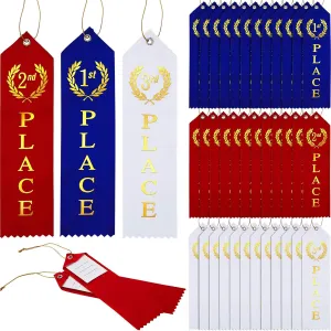 45 Pieces Award Ribbons 1st, 2nd, 3rd Place Flat Carded Set First Place Prizes with Event Card and Rope for Competition, Sports Event, School, Contests, Blue Red White
