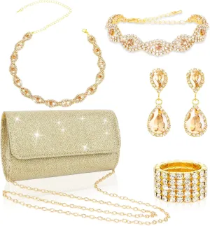 5 Pieces Clutch Purse Rhinestone Jewelry Sets for Women Prom Necklace Earrings Bracelet Ring Bling Glitter Purse Formal Jewelry for Women Evening Wear