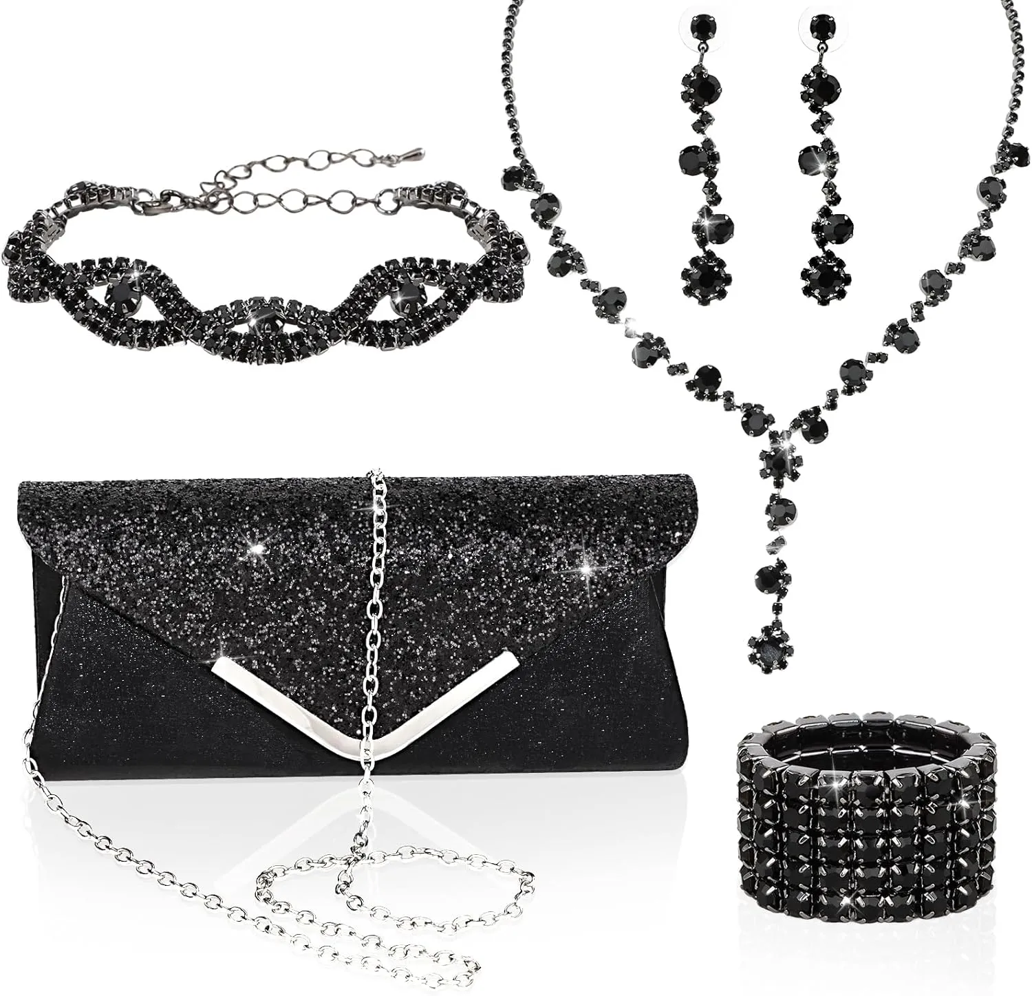 5 Pieces Clutch Purse Rhinestone Jewelry Sets for Women Prom Necklace Earrings Bracelet Ring Bling Glitter Purse Formal Jewelry for Women Evening Wear