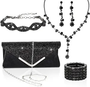 5 Pieces Clutch Purse Rhinestone Jewelry Sets for Women Prom Necklace Earrings Bracelet Ring Bling Glitter Purse Formal Jewelry for Women Evening Wear