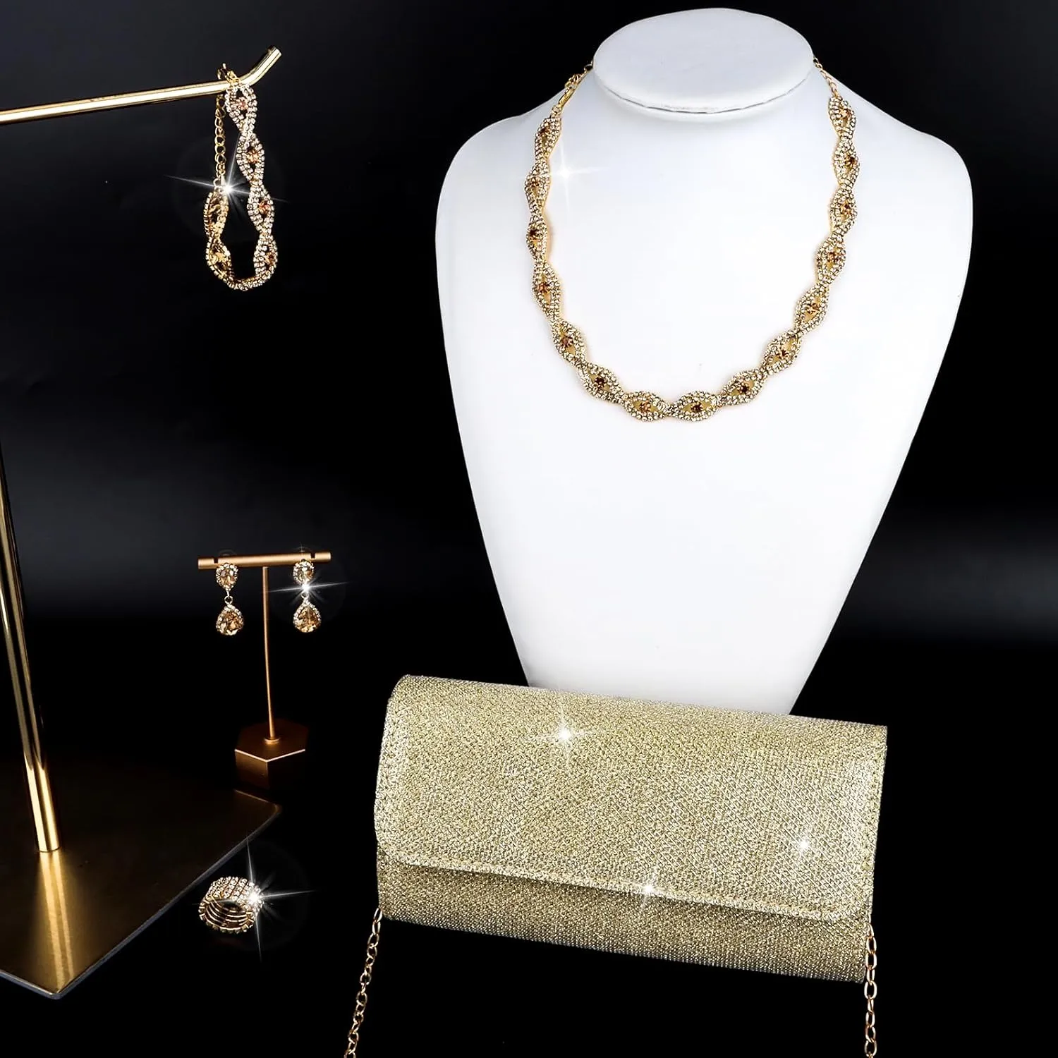 5 Pieces Clutch Purse Rhinestone Jewelry Sets for Women Prom Necklace Earrings Bracelet Ring Bling Glitter Purse Formal Jewelry for Women Evening Wear
