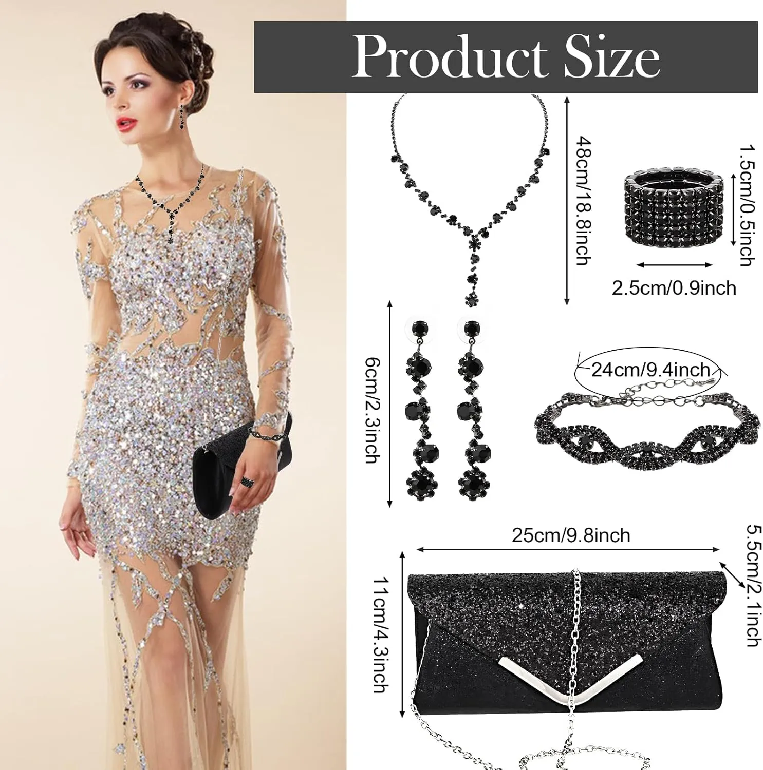 5 Pieces Clutch Purse Rhinestone Jewelry Sets for Women Prom Necklace Earrings Bracelet Ring Bling Glitter Purse Formal Jewelry for Women Evening Wear