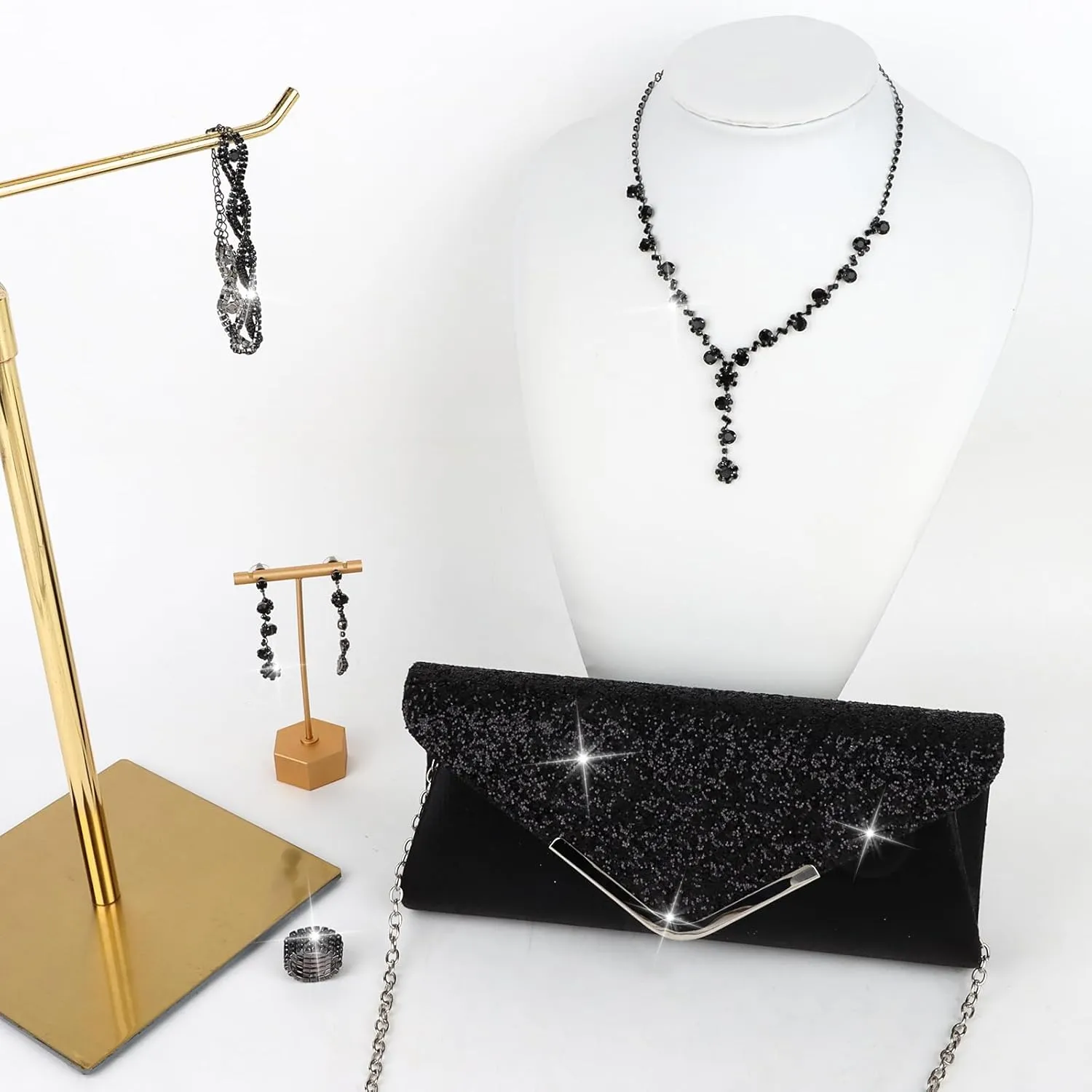 5 Pieces Clutch Purse Rhinestone Jewelry Sets for Women Prom Necklace Earrings Bracelet Ring Bling Glitter Purse Formal Jewelry for Women Evening Wear