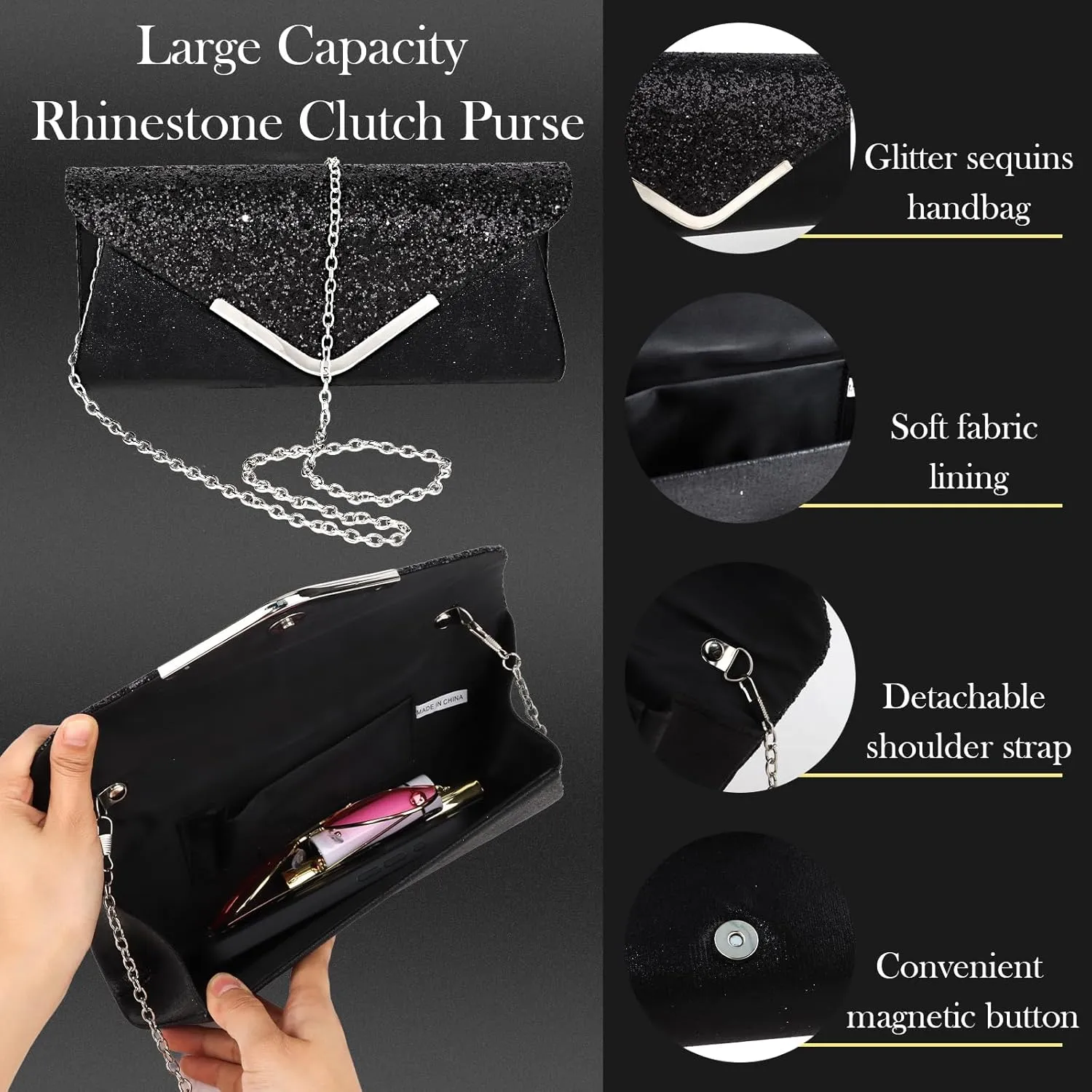 5 Pieces Clutch Purse Rhinestone Jewelry Sets for Women Prom Necklace Earrings Bracelet Ring Bling Glitter Purse Formal Jewelry for Women Evening Wear