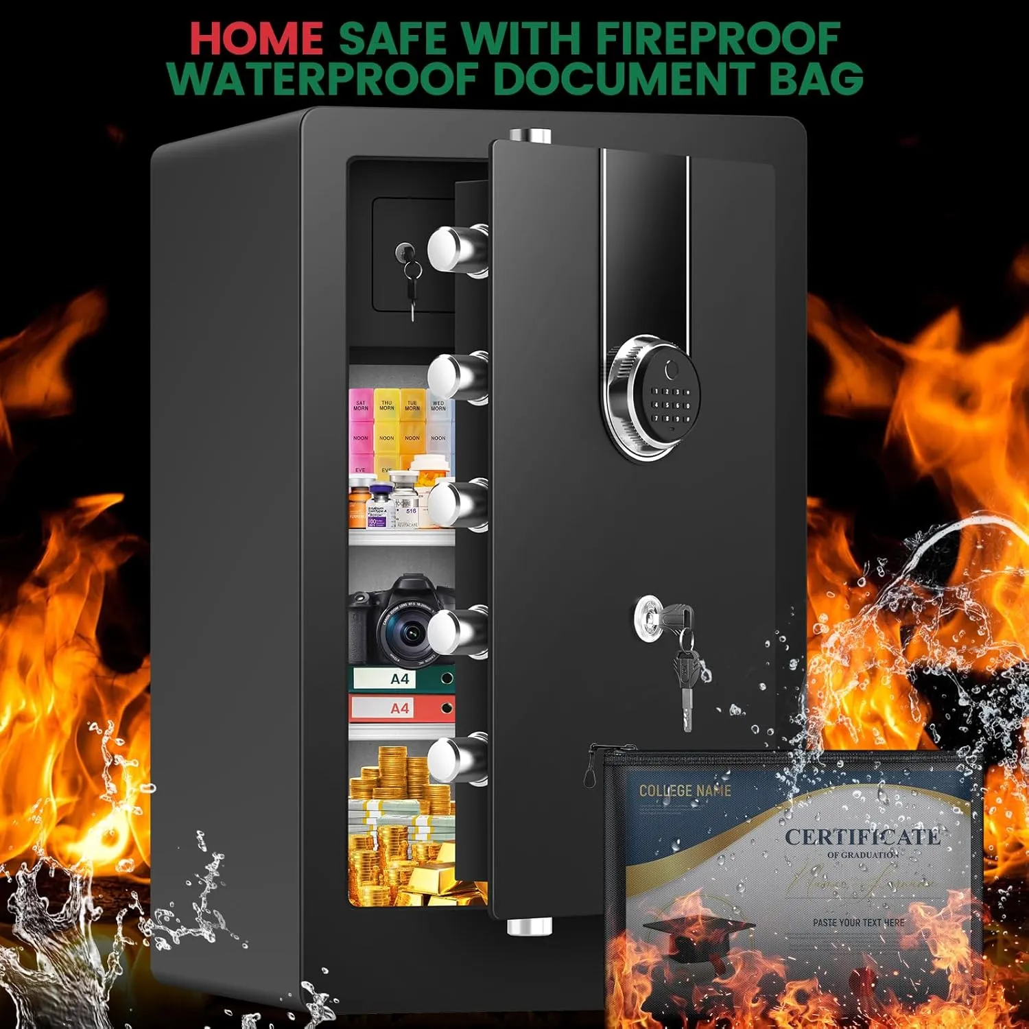 5.6 Cuft Large Fireproof Safe for Home, Heavy Duty Biometric Safes for Home Use Fire and Water Proof with Fingerprint Lock, Security Safety Box with Fireproof Bag, Document Safe for House Office