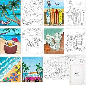 6 Pack 8x10 Inches Summer Beach Pre Drawn Canvas to Paint for Sip and Paint Party, Pre Printed Framed Canvases Set, Coconut Surfboard Parasol Pre Sketched Canvas for Painting for Adults Kids