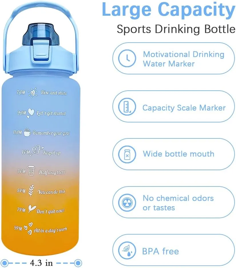 64 oz Large Capacity Water Bottle with Motivational Time Markers and Straw, Portable, Leakproof, BPA Free for Fitness, Gym and Outdoor Sports. (blue gradient)