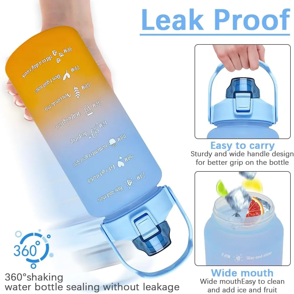 64 oz Large Capacity Water Bottle with Motivational Time Markers and Straw, Portable, Leakproof, BPA Free for Fitness, Gym and Outdoor Sports. (blue gradient)