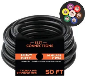 7 Way Trailer Wire (50 Feet) – Heavy Duty 14 Gauge 7 Conductor Insulated Cable – Durable, Weatherproof, Color-Coded 7 Way Trailer Wiring Extension for RV Trailer and Automotive
