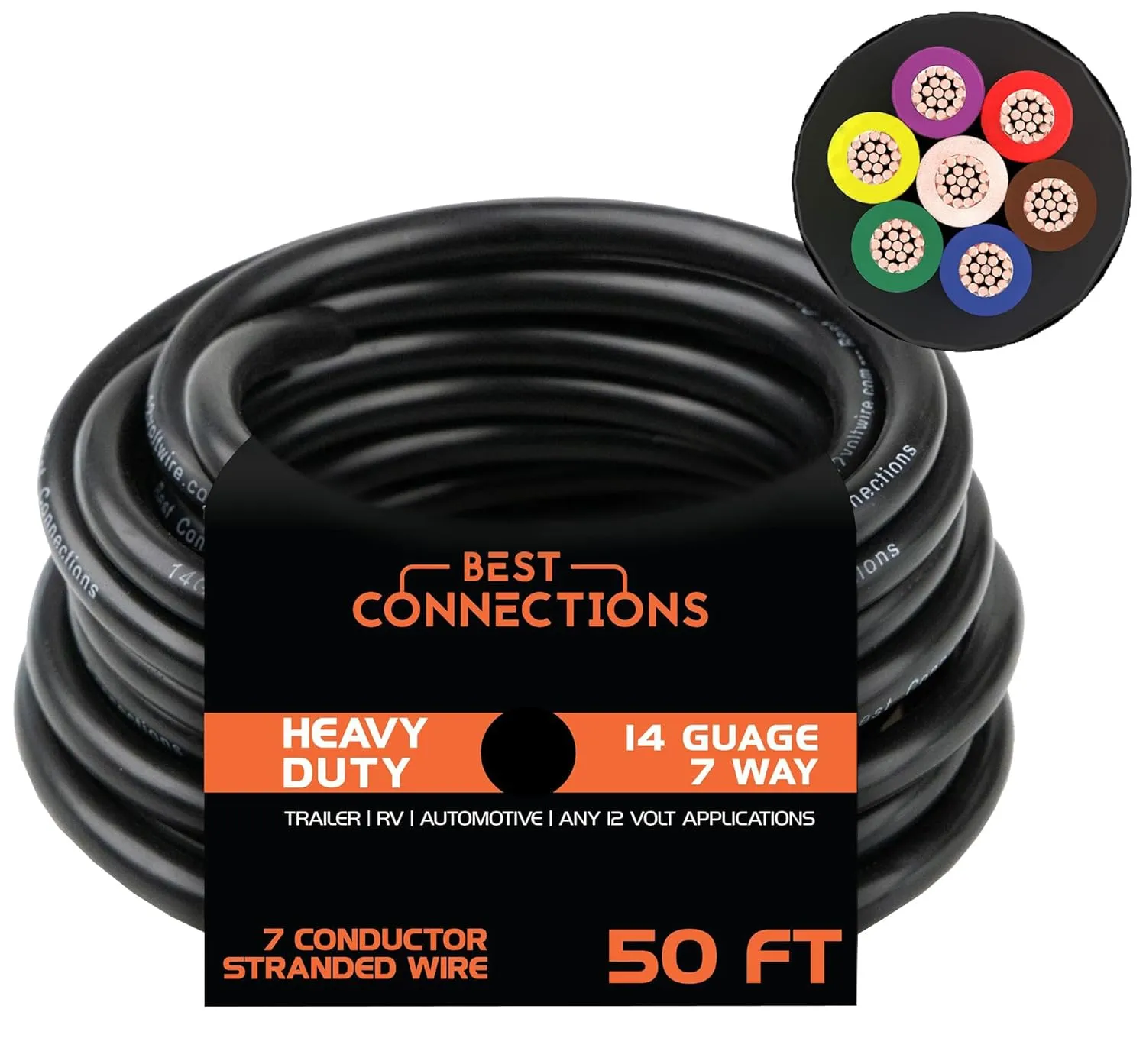 7 Way Trailer Wire (50 Feet) – Heavy Duty 14 Gauge 7 Conductor Insulated Cable – Durable, Weatherproof, Color-Coded 7 Way Trailer Wiring Extension for RV Trailer and Automotive