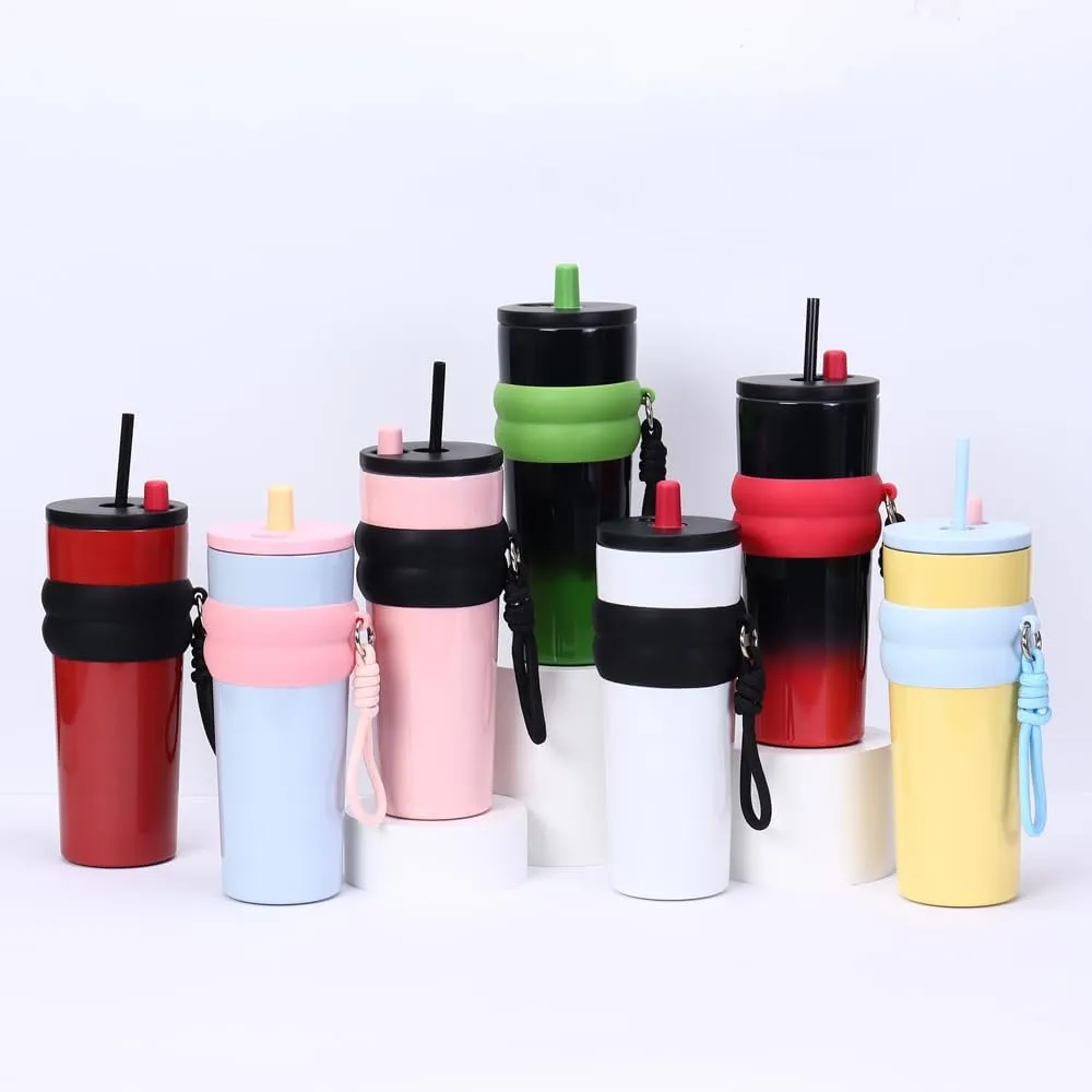 800ml Large Capacity 304 Stainless Steel Insulated Water Bottle, Portable Outdoor Straw Cup, Non-Slip, Leak-Proof, Car Cup (Pink&Black)