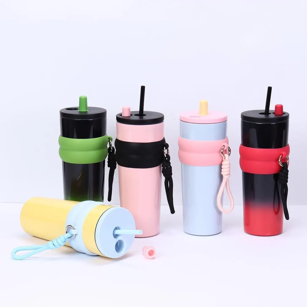 800ml Large Capacity 304 Stainless Steel Insulated Water Bottle, Portable Outdoor Straw Cup, Non-Slip, Leak-Proof, Car Cup (Pink&Black)