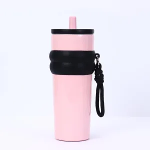 800ml Large Capacity 304 Stainless Steel Insulated Water Bottle, Portable Outdoor Straw Cup, Non-Slip, Leak-Proof, Car Cup (Pink&Black)