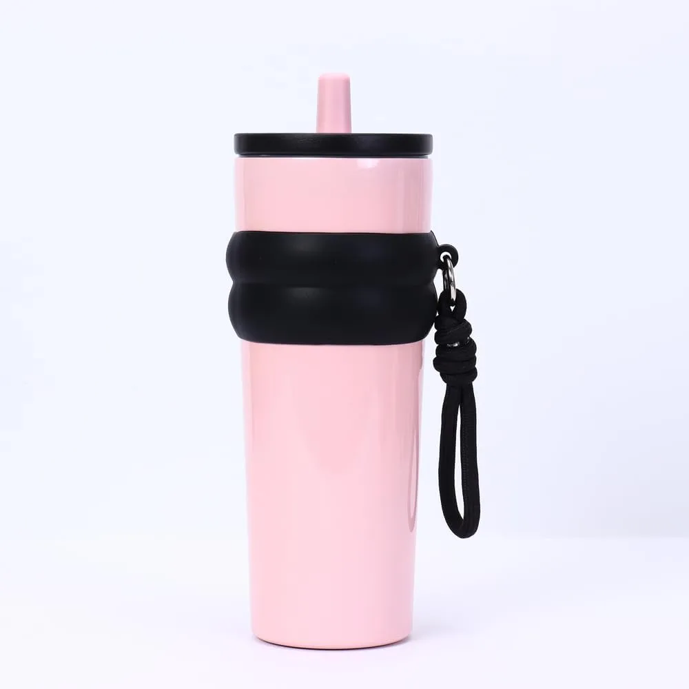 800ml Large Capacity 304 Stainless Steel Insulated Water Bottle, Portable Outdoor Straw Cup, Non-Slip, Leak-Proof, Car Cup (Pink&Black)