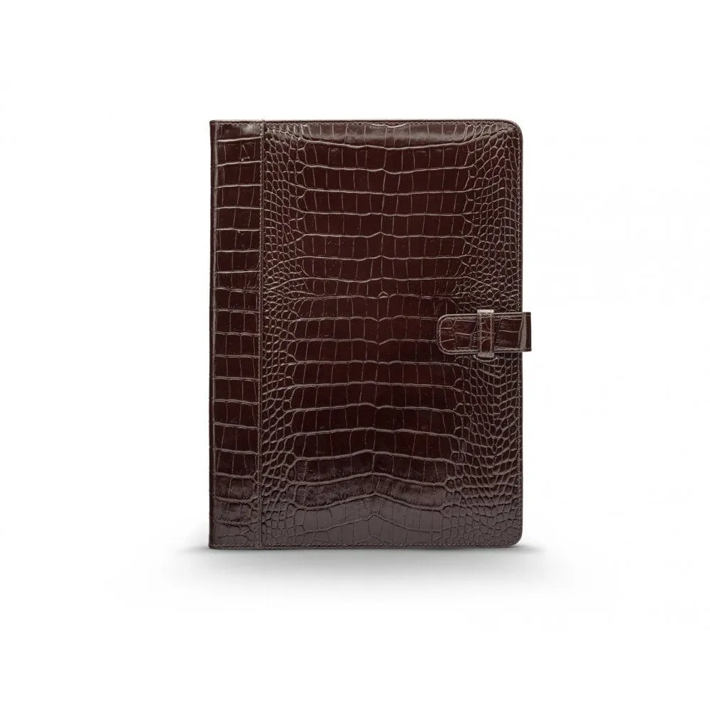 A4 Leather Conference Folder With Tab Closure - Brown Croc-Effect