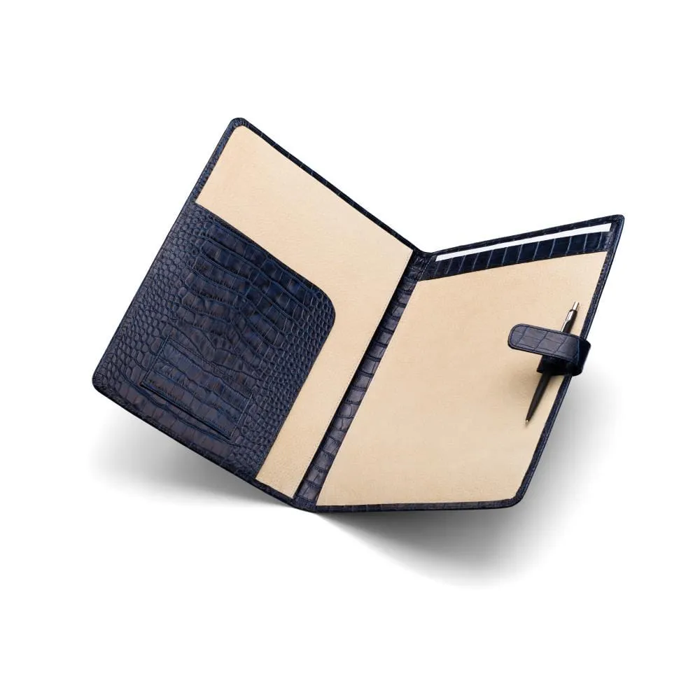 A4 Leather Conference Folder With Tab Closure - Navy Croc-Effect