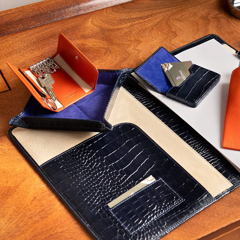 A4 Leather Conference Folder With Tab Closure - Navy Croc-Effect