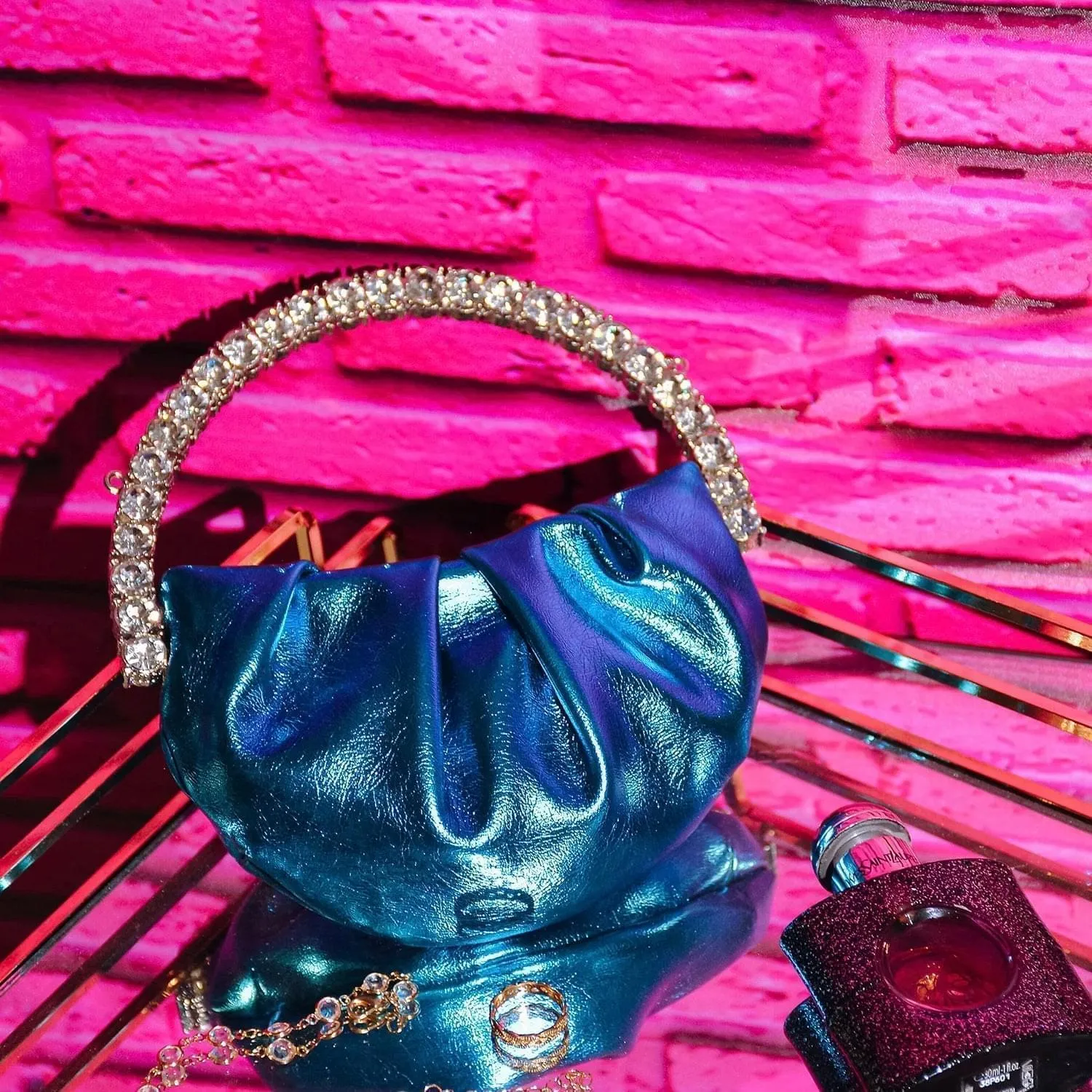 ABENO Blue - Blue Metallic Faux Leather - Handbag - Rhinestone Jeweled Arc Handle