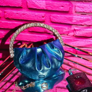 ABENO Blue - Blue Metallic Faux Leather - Handbag - Rhinestone Jeweled Arc Handle