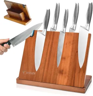 Acacia Wood Magnetic Knife Block - Double-Sided Multifunctional 4 in 1 Knife Block with Detachable Cutting Board, Aesthetic Bend Design, Magnetic Knife Holder,Kitchen Knife Holder