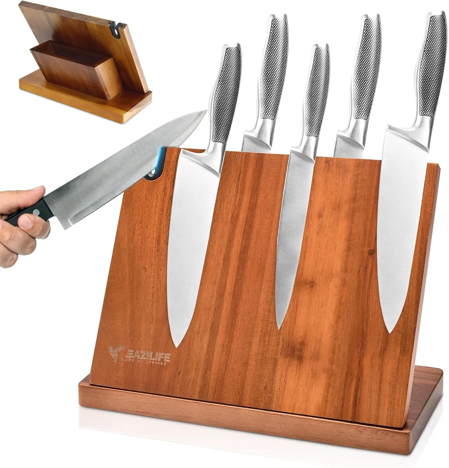 Acacia Wood Magnetic Knife Block - Double-Sided Multifunctional 4 in 1 Knife Block with Detachable Cutting Board, Aesthetic Bend Design, Magnetic Knife Holder,Kitchen Knife Holder