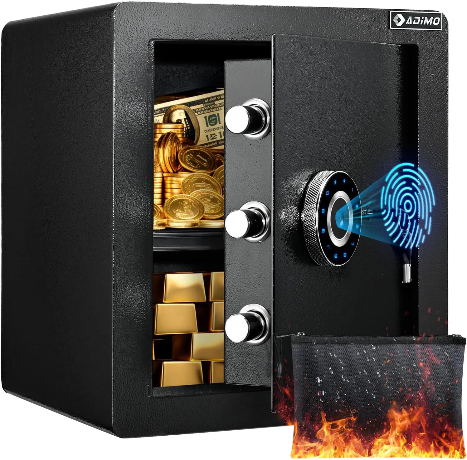 ADIMO Biometric Safe Box, Fireproof 1.6 CuFt Fingerprint Safe w/Touchscreen, Removable Shelf & Alarm System, Money Box for Secure Document & Valuables, for Home Office Hotel