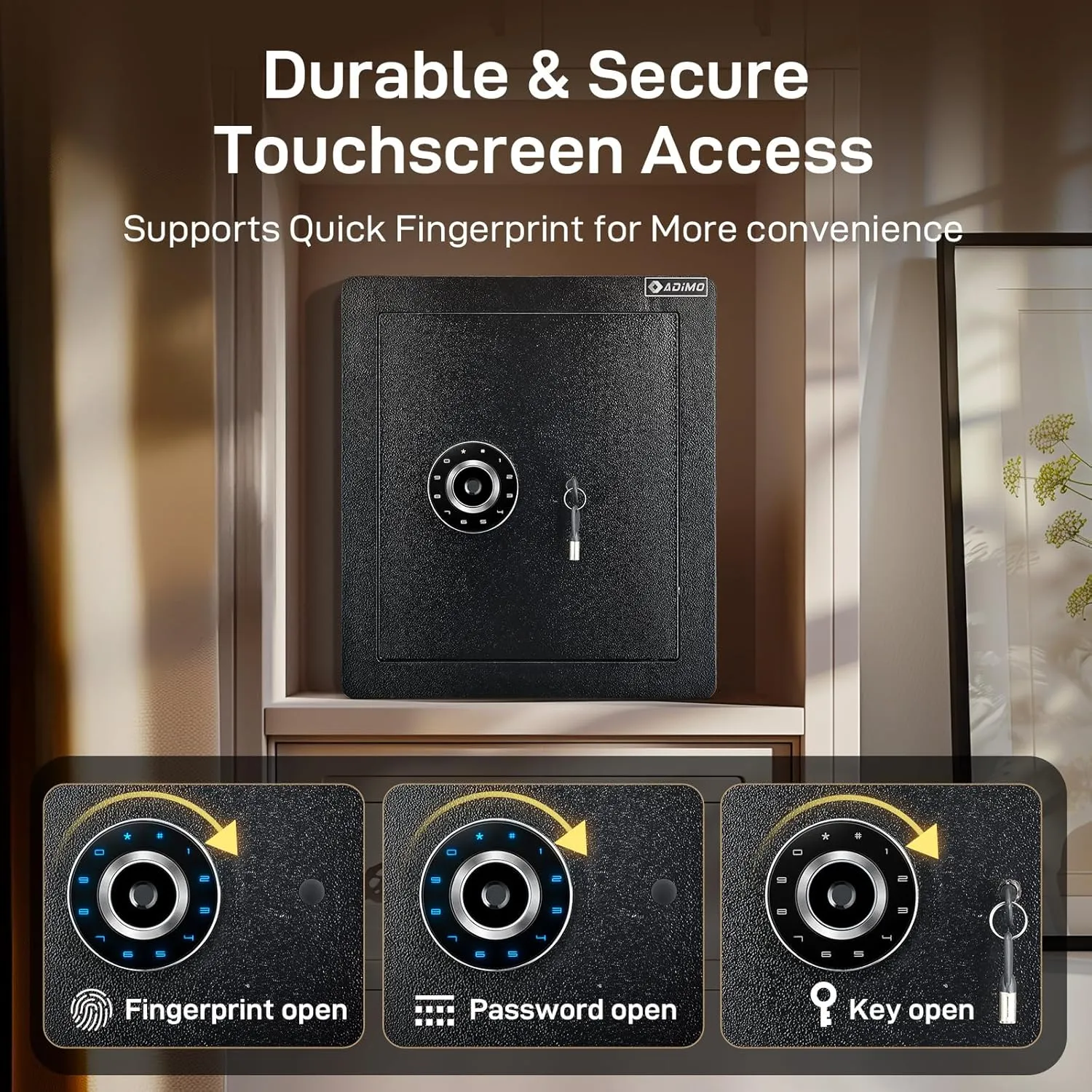 ADIMO Biometric Safe Box, Fireproof 1.6 CuFt Fingerprint Safe w/Touchscreen, Removable Shelf & Alarm System, Money Box for Secure Document & Valuables, for Home Office Hotel