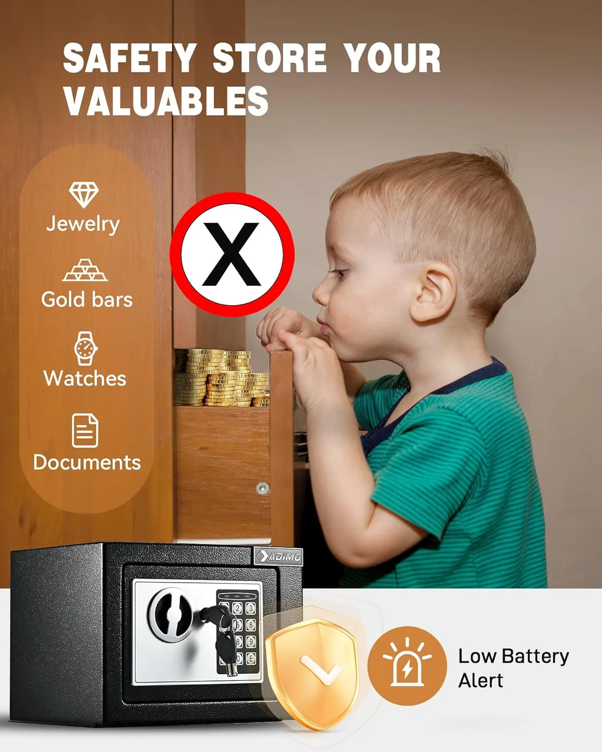 ADIMO Small Safe Box, 0.23 Cubic Capacity for Cash or Documents - Money Box With Keys & Passcode, Wall Mounting Kits - Hidden Safe for College Dorm, Hotel, Home, Office, Business (Black)