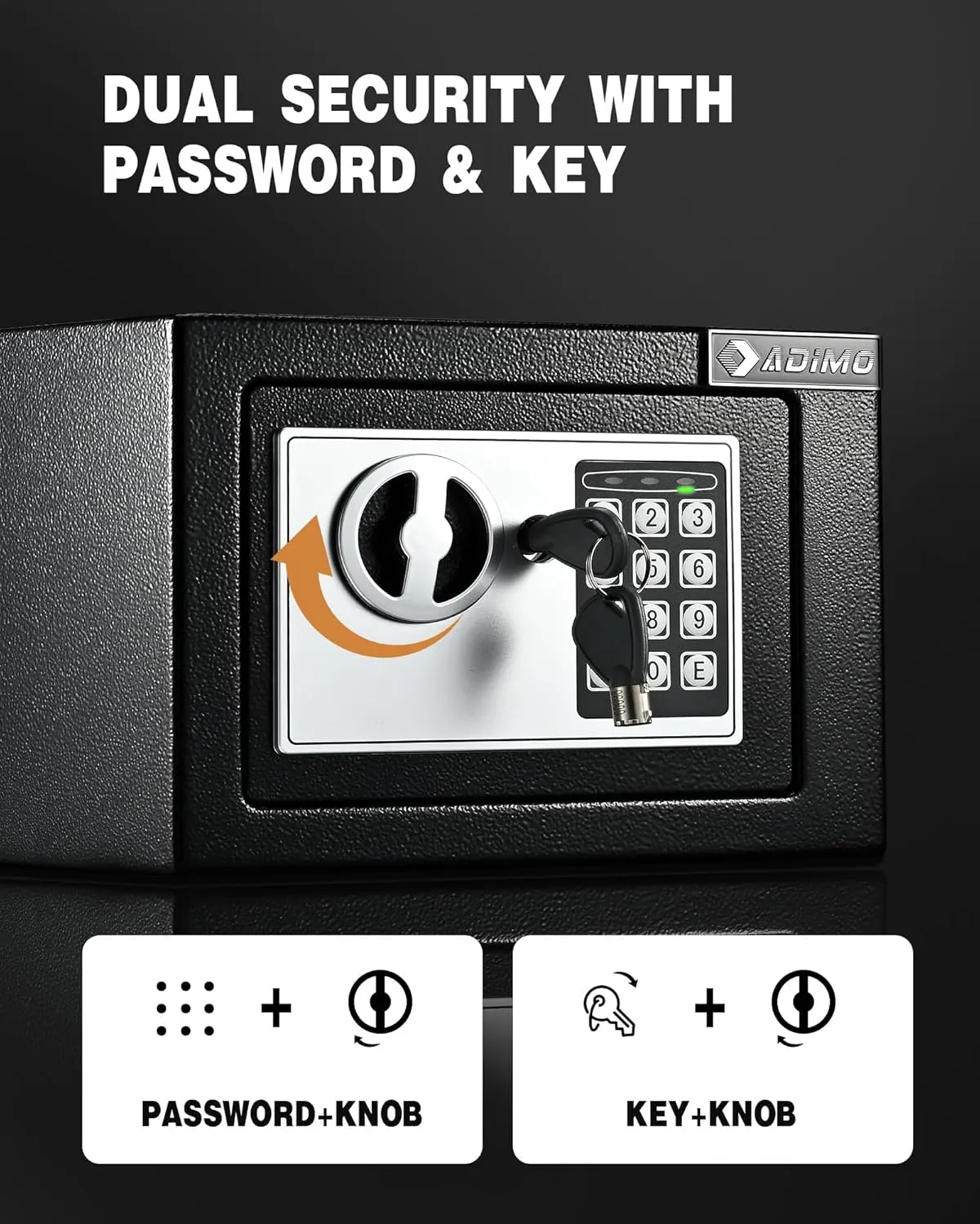 ADIMO Small Safe Box, 0.23 Cubic Capacity for Cash or Documents - Money Box With Keys & Passcode, Wall Mounting Kits - Hidden Safe for College Dorm, Hotel, Home, Office, Business (Black)