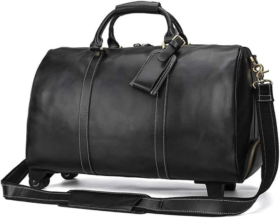 Adult Fashion Wheeled Luggage Travel Duffel Bag Rolling Suitcase Trolley Overnight Weekender Gym Tote Handbag Briefcase Sports Overnight Gym Luggage Weekend T(Black,Glossy Leather)
