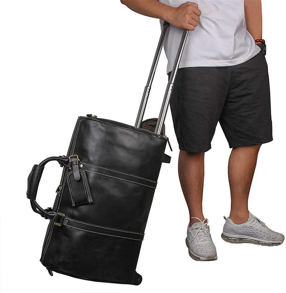 Adult Fashion Wheeled Luggage Travel Duffel Bag Rolling Suitcase Trolley Overnight Weekender Gym Tote Handbag Briefcase Sports Overnight Gym Luggage Weekend T(Black,Glossy Leather)