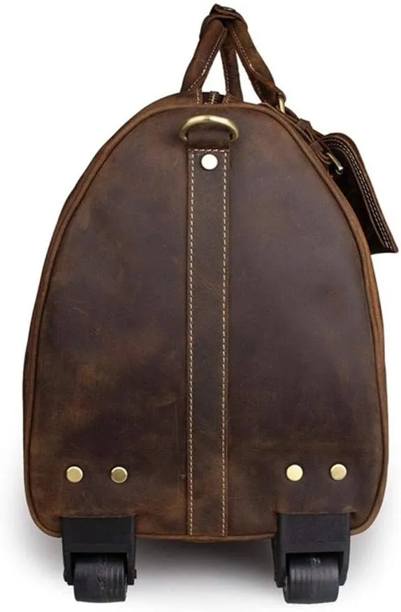 Adult Fashion Wheeled Luggage Travel Duffel Bag Rolling Suitcase Trolley Overnight Weekender Gym Tote Handbag Briefcase Sports Overnight Gym Luggage Weekend T(Dark Brown,Crazy Horse Leather)