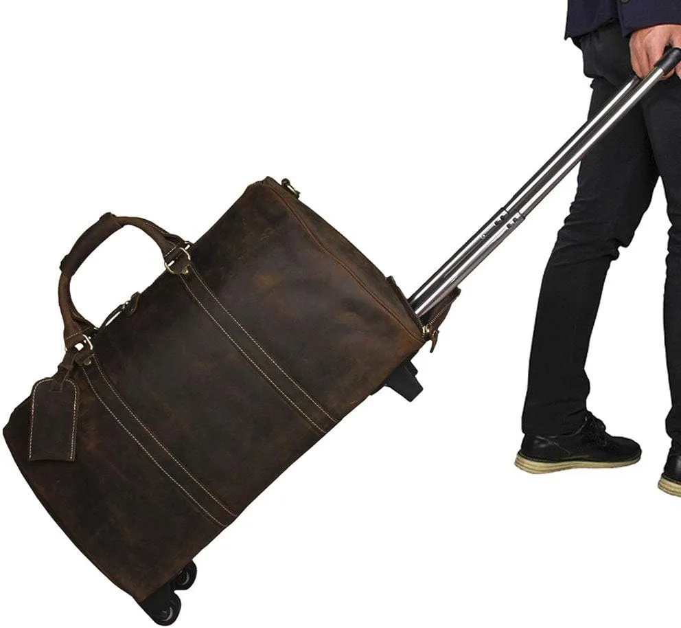 Adult Fashion Wheeled Luggage Travel Duffel Bag Rolling Suitcase Trolley Overnight Weekender Gym Tote Handbag Briefcase Sports Overnight Gym Luggage Weekend T(Dark Brown,Glossy Leather)