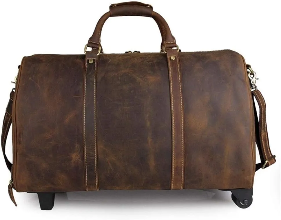 Adult Fashion Wheeled Luggage Travel Duffel Bag Rolling Suitcase Trolley Overnight Weekender Gym Tote Handbag Briefcase Sports Overnight Gym Luggage Weekend T(Dark Brown,Glossy Leather)