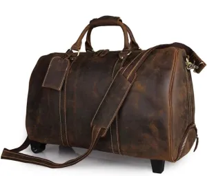 Adult Fashion Wheeled Luggage Travel Duffel Bag Rolling Suitcase Trolley Overnight Weekender Gym Tote Handbag Briefcase Sports Overnight Gym Luggage Weekend T(Dark Brown,Glossy Leather)