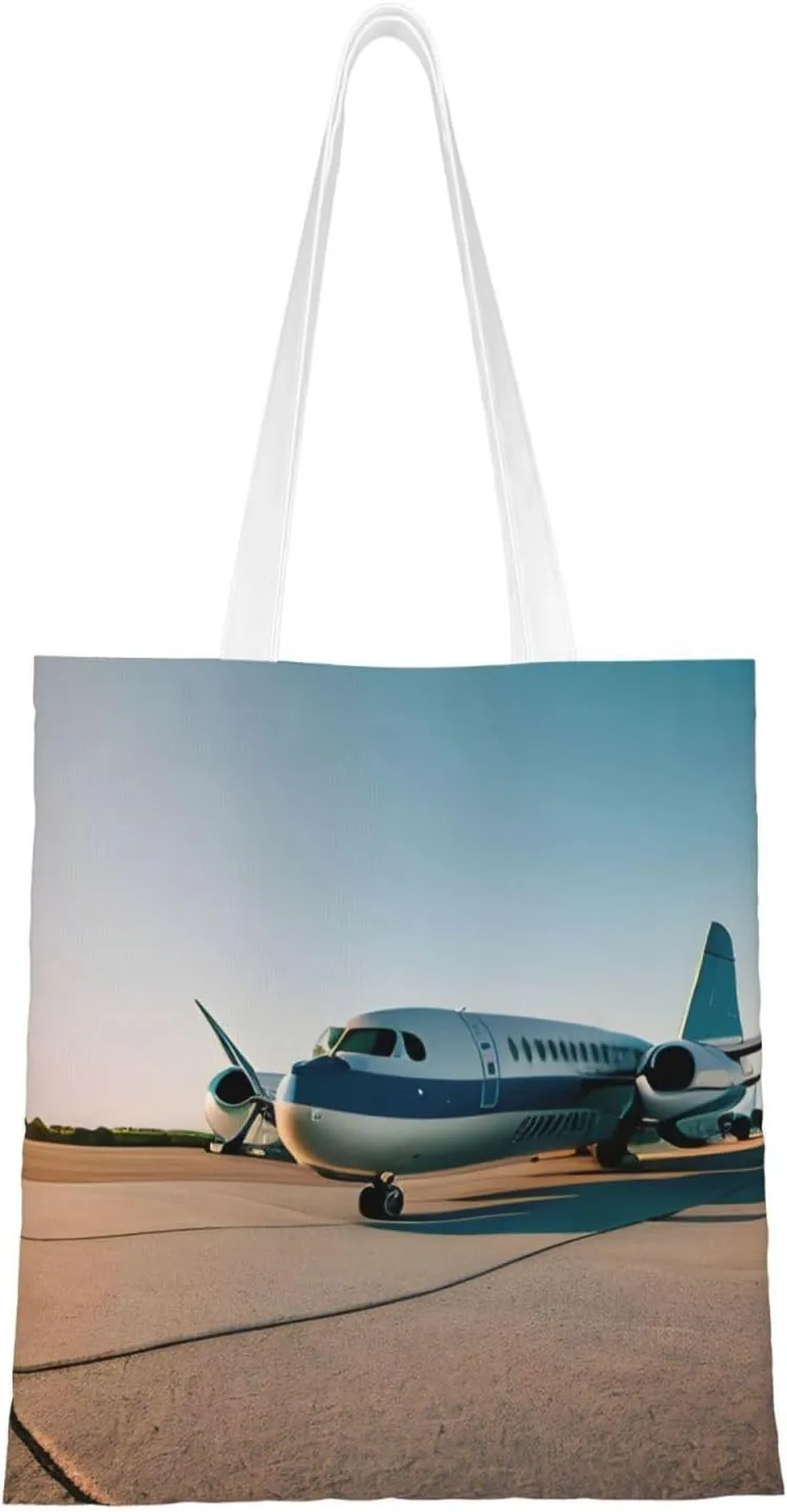 Airplane Print Canvas Tote Bag Reusable Shoulder Shopping Bags For Daily Use Shopping Travel