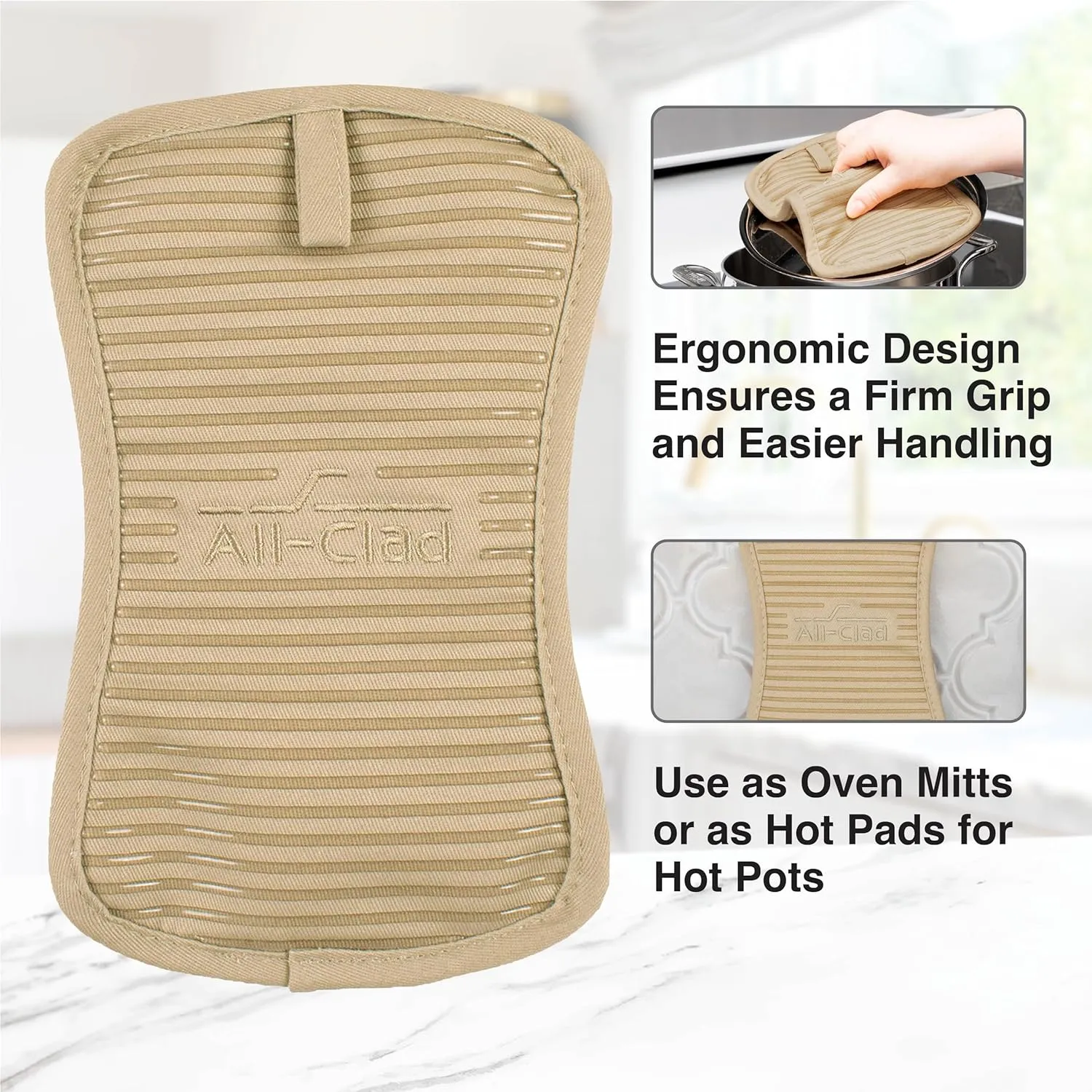 All-Clad Premium Pot Holder & Hot Pad: Heat Resistant to 500 Degrees - 100% Cotton, 10"x6.25" Hot Pad for Kitchen and Barbeque, (2-Pack), Cappuccino