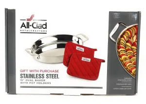 All-Clad Stainless Steel 15" Oval Baker with Pot Holders