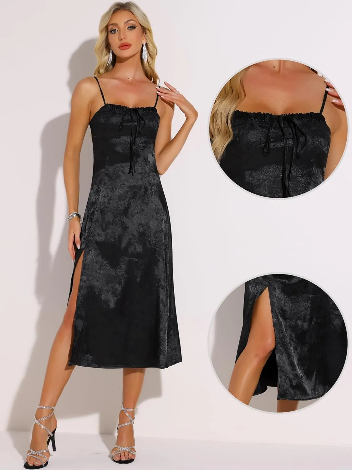 Allegra K Spaghetti Strap Satin Midi Dress for Women's Summer Square Neck Cocktail Party Slit Slip Dresses