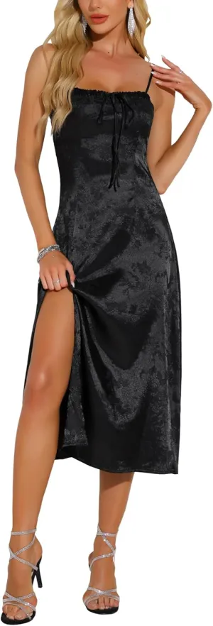 Allegra K Spaghetti Strap Satin Midi Dress for Women's Summer Square Neck Cocktail Party Slit Slip Dresses