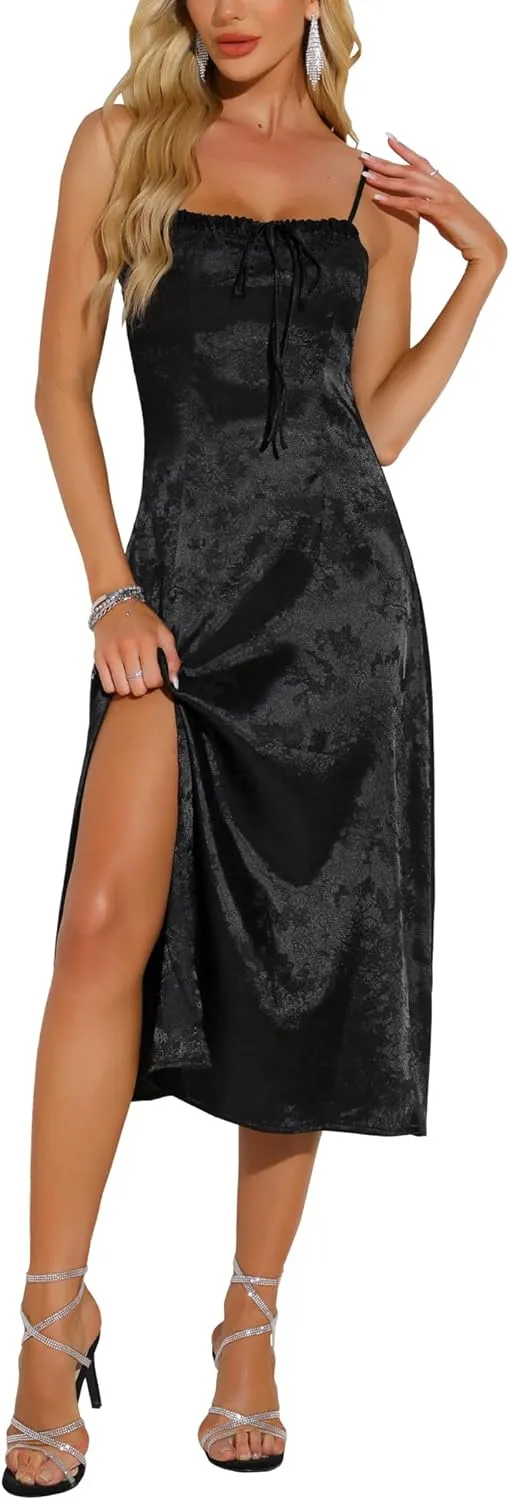 Allegra K Spaghetti Strap Satin Midi Dress for Women's Summer Square Neck Cocktail Party Slit Slip Dresses